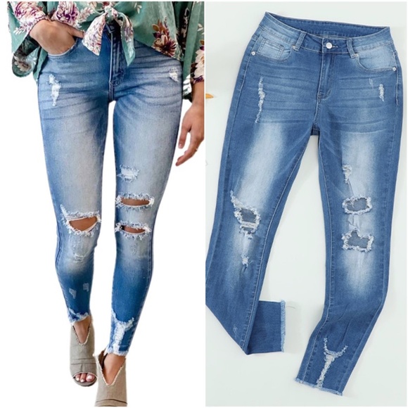 Distressed Mid High Rise Skinny Jeans - Picture 1 of 3